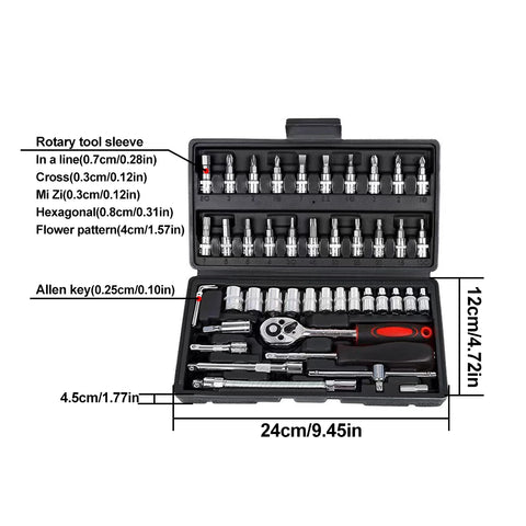 46PCS Ratchet Wrench Tool Set 1/4 Metric Socket Wrench Household Manual Repair Tools for Bike Repair