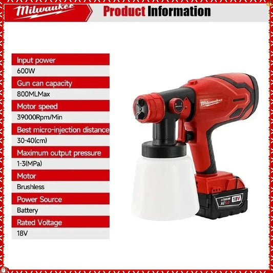 Milwaukee 800ML Paint Spray Gun Tank & 600W 39000 RPM Brushless Motor Auto Furniture Wall Car Sprayer For Milwaukee Battery